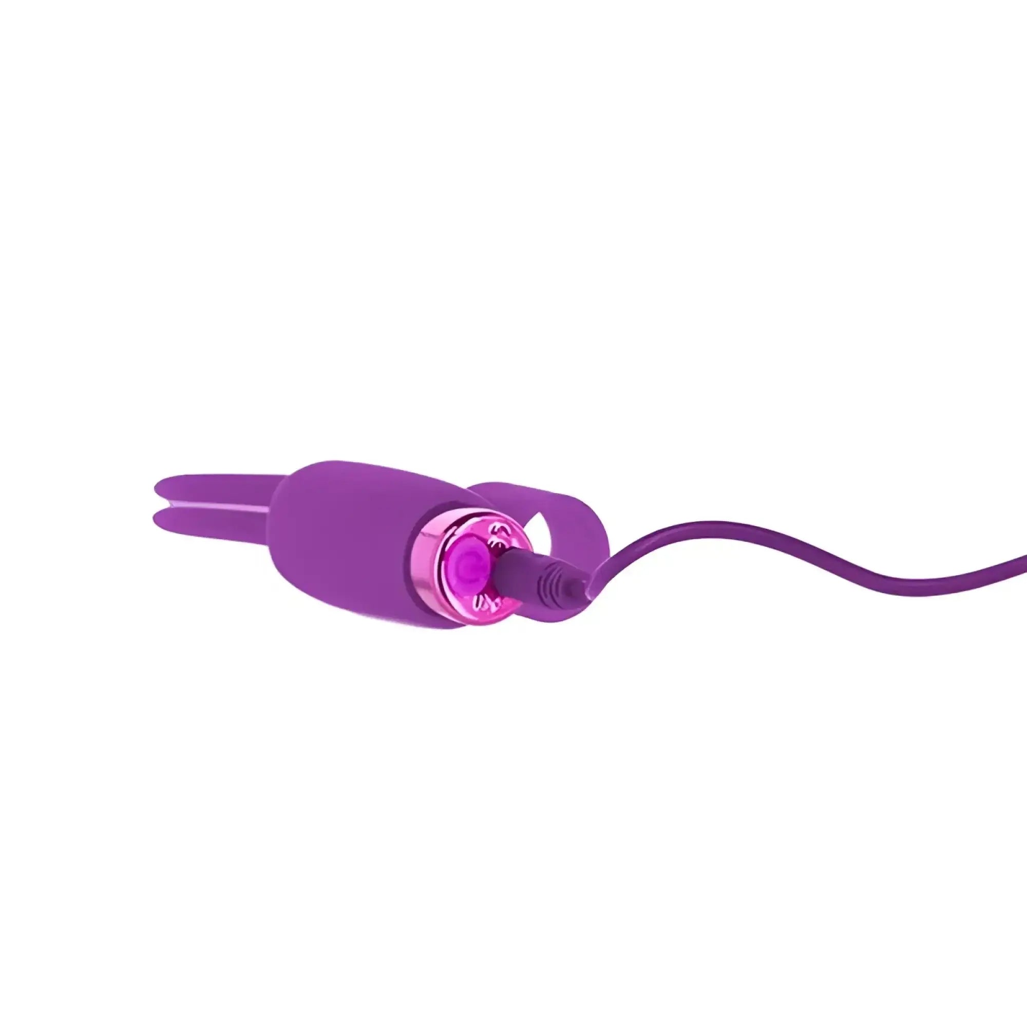 Purple silicone powerbullet teasing tongue with pink metallic button and attached rechargeable cord