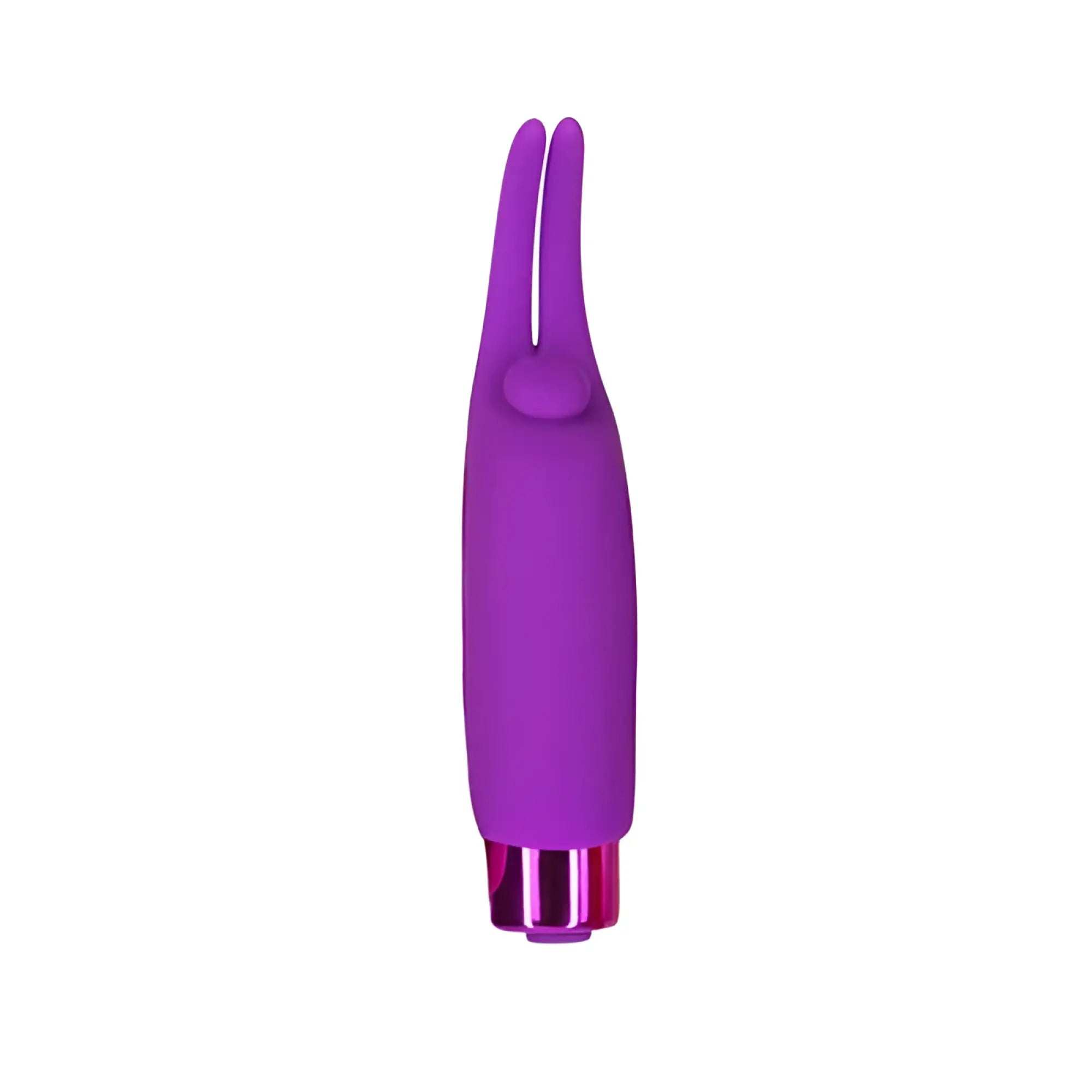 Purple silicone rabbit-shaped rechargeable vibrator with metallic pink base powerbullet teasing tongue design