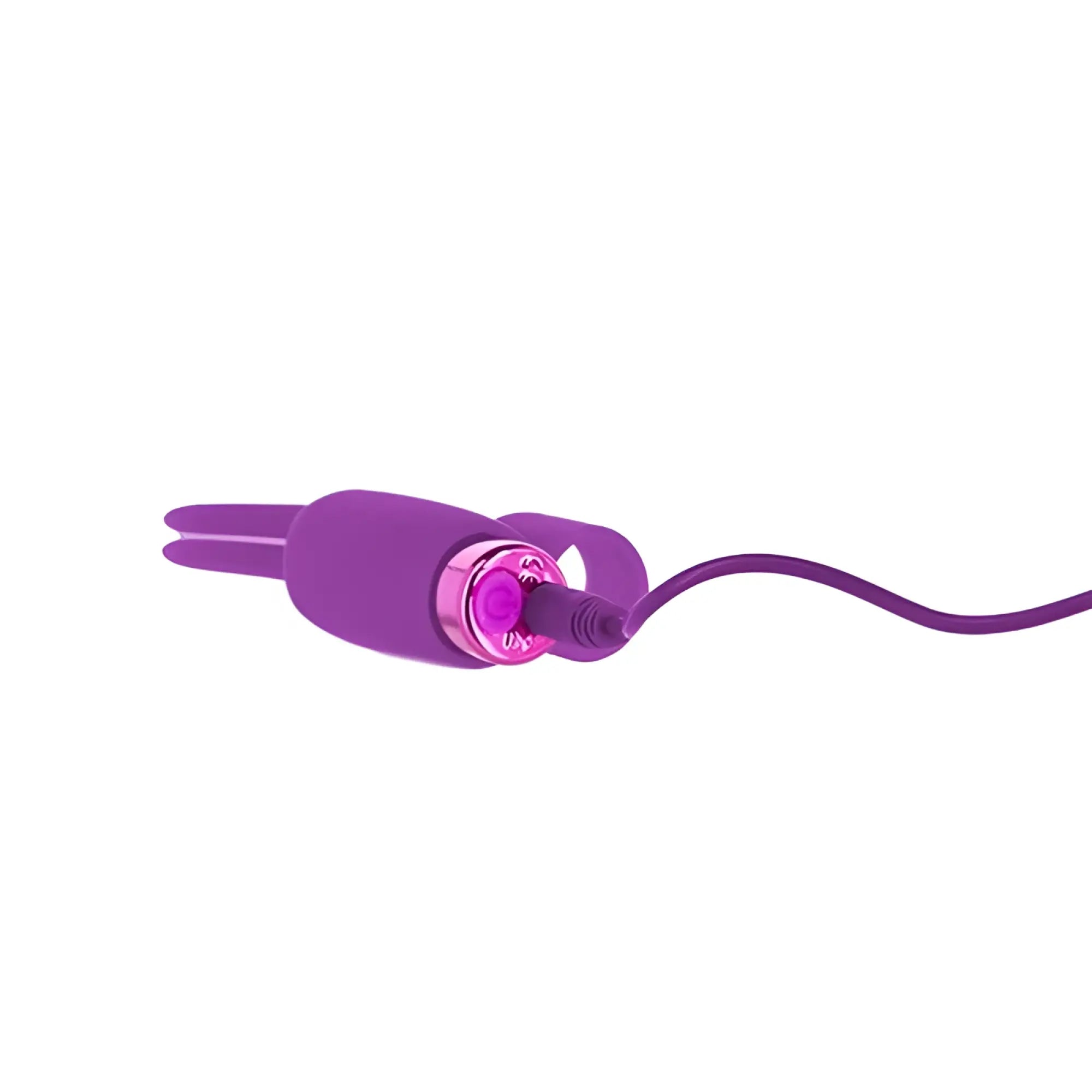 Purple silicone powerbullet teasing tongue with pink metallic button and attached rechargeable cord