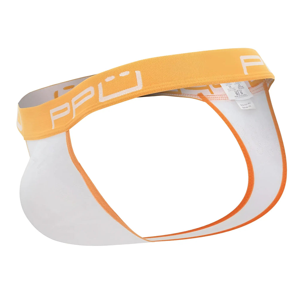 White and orange athletic briefs with a bold yellow ppu waistband designed for active wear in orange color
