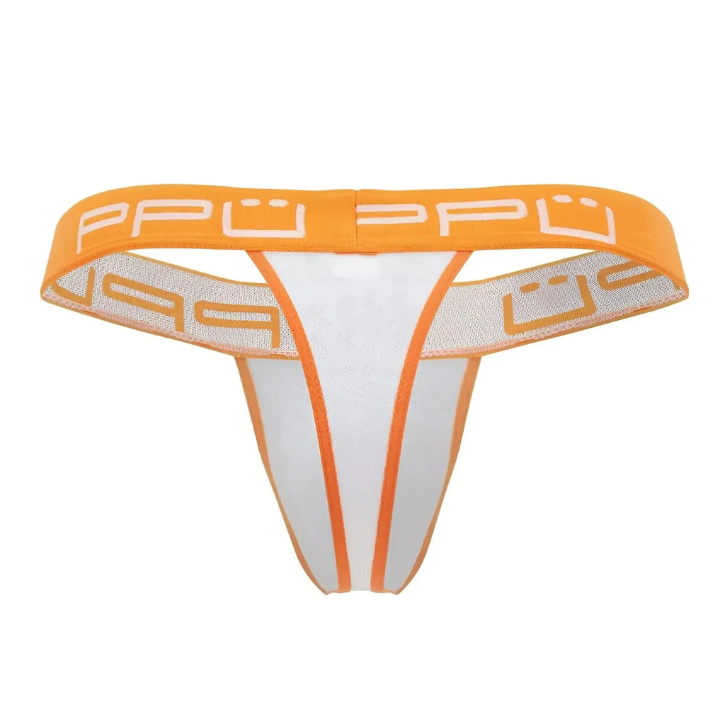 White and orange ppu 2301 bulge thong with mesh waistband and white ppu logo lettering