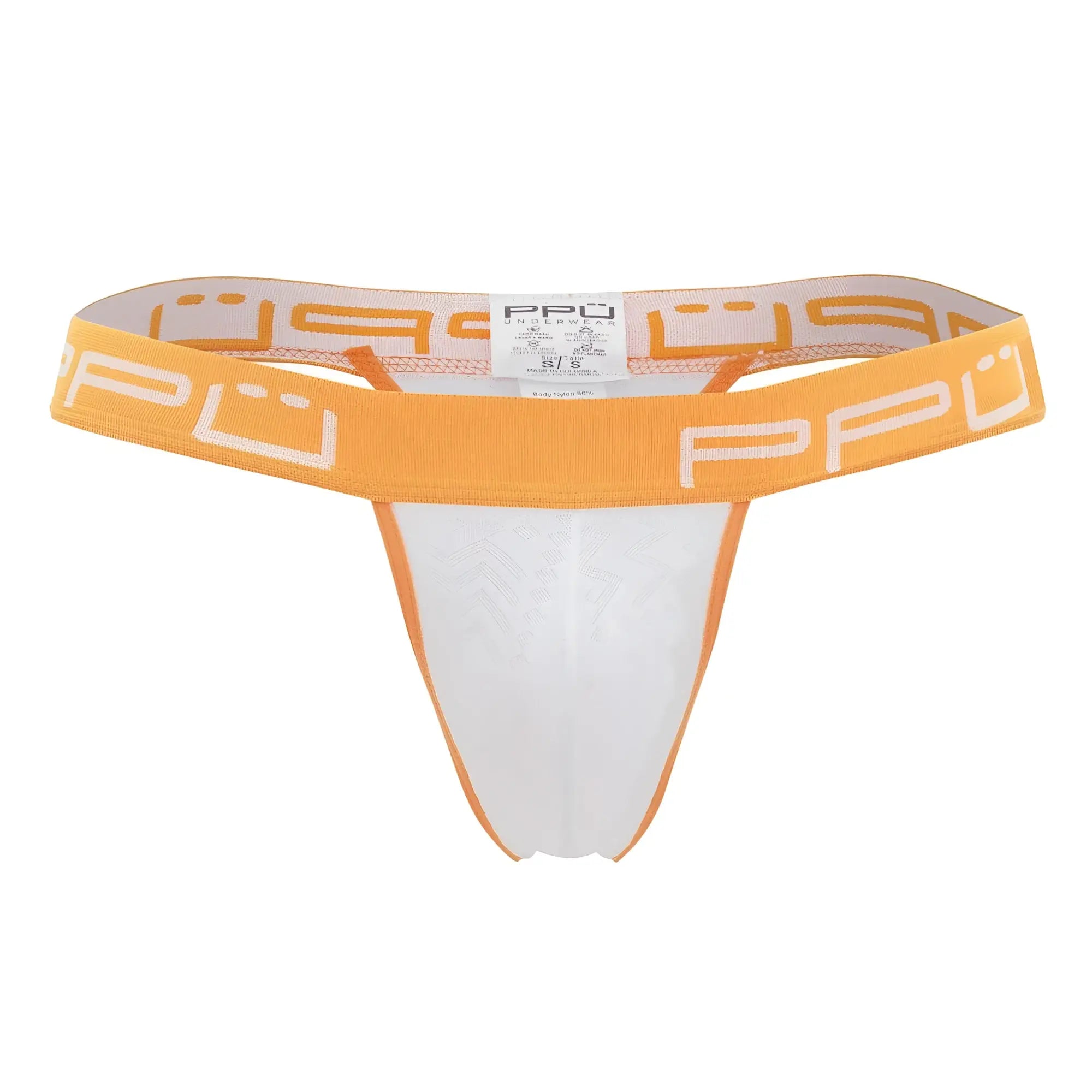 White and orange bulge thong with branded waistband in orange color is designed for comfortable wear