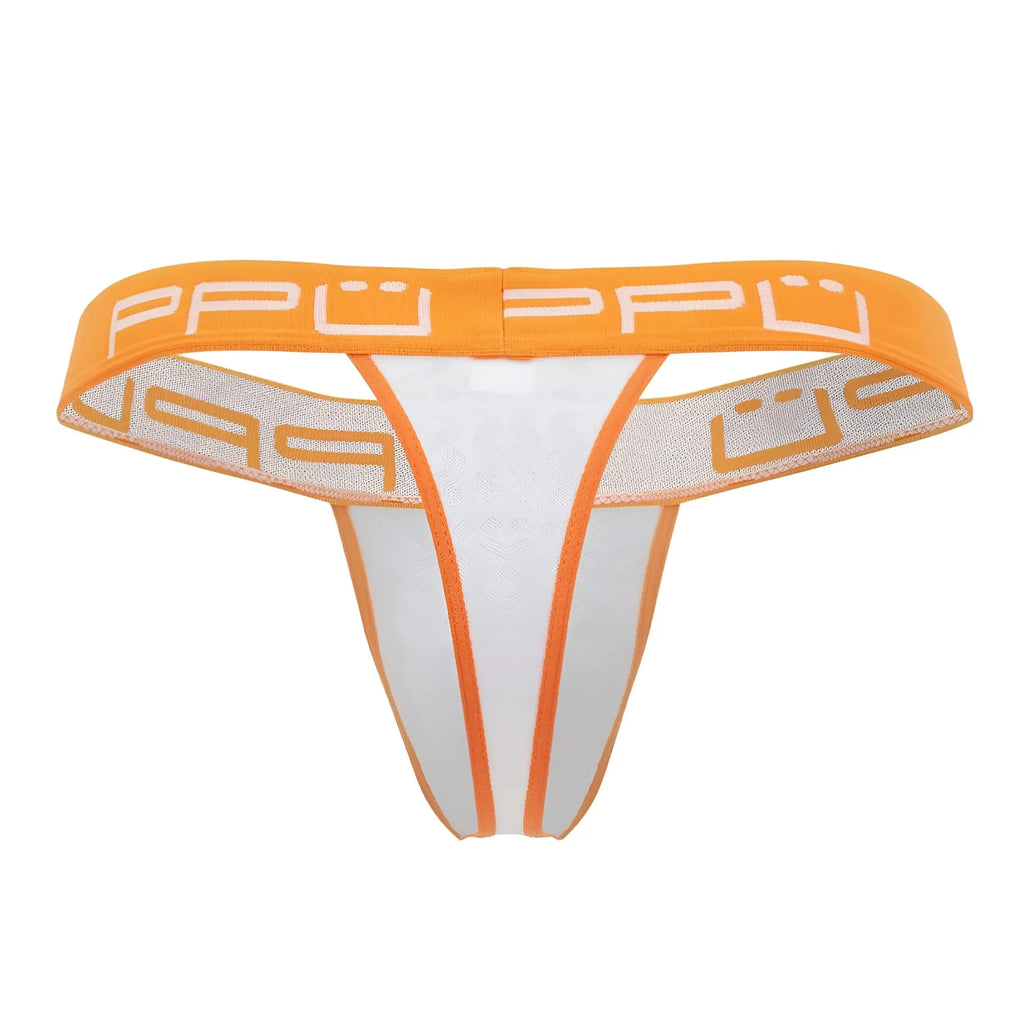 White and orange ppu 2301 bulge thong with mesh waistband and white ppu logo lettering
