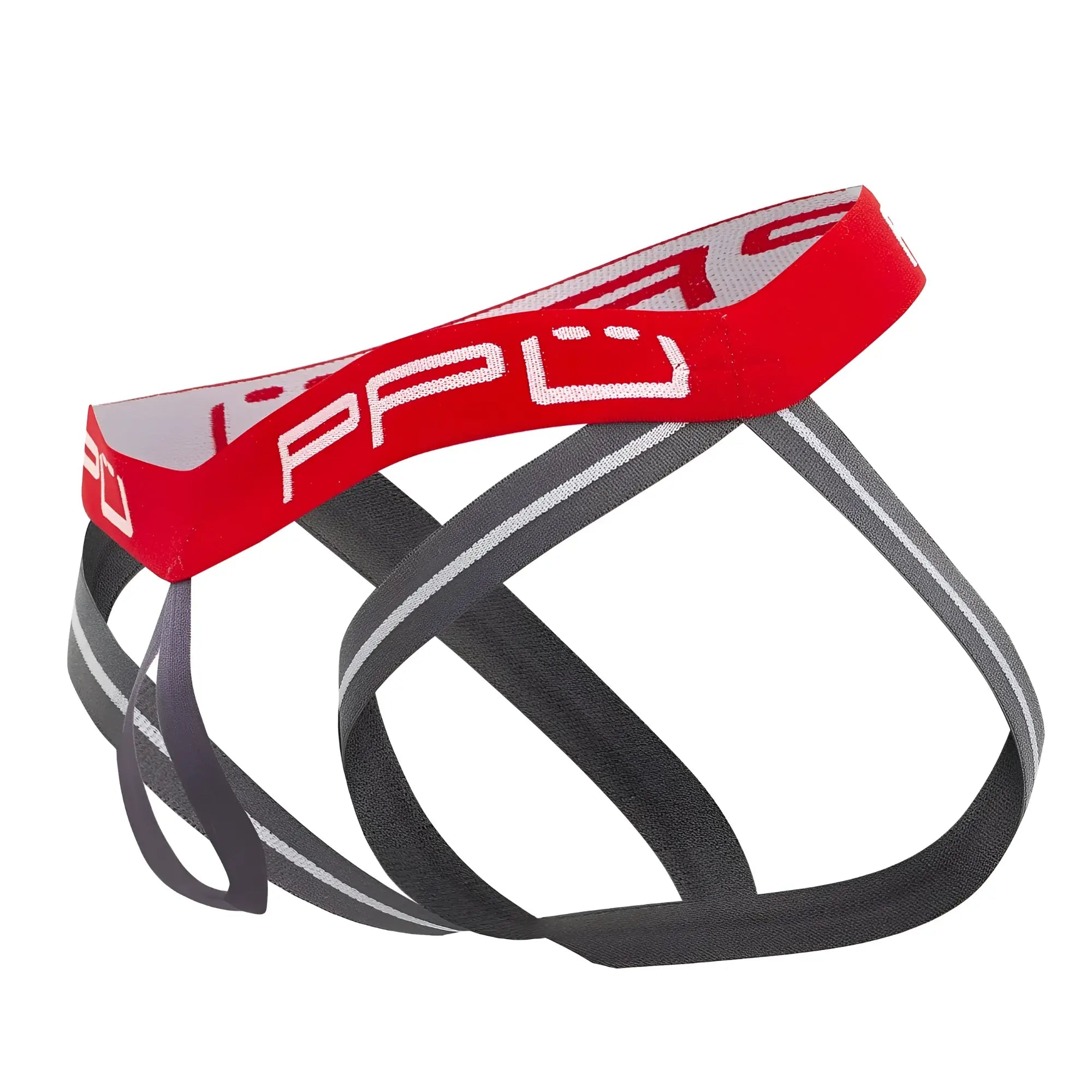 Red and gray ball lifter jockstrap with bold ppc logo on waistband featuring athletic briefs design