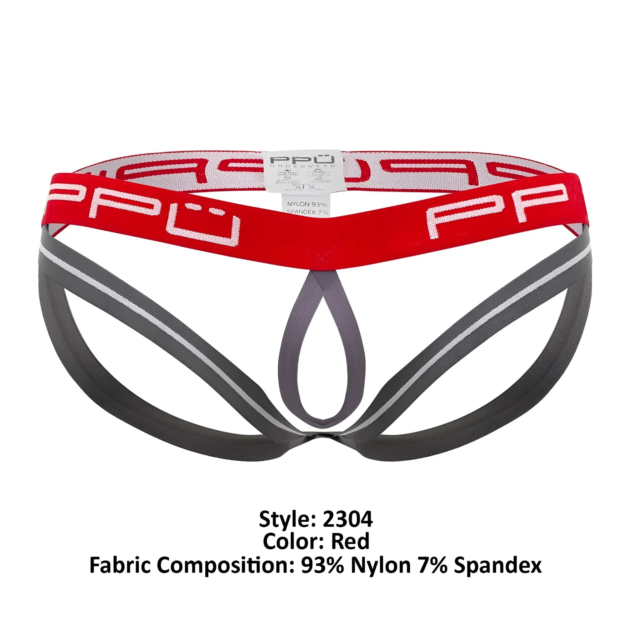 Ppu 2304 ball lifter jockstrap in red and gray athletic fabric with bold ppu logo waistband front view