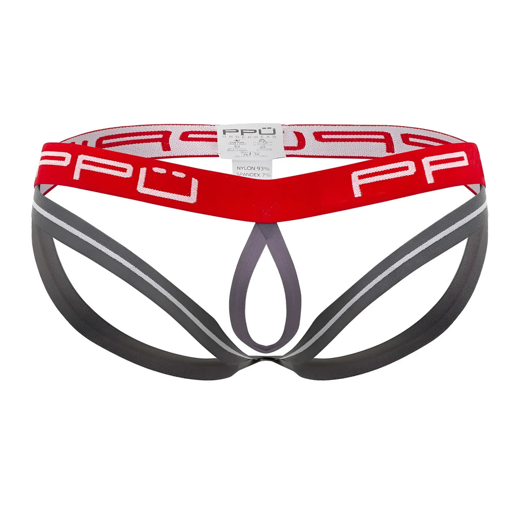 Ppu 2304 ball lifter jockstrap in red and gray briefs with bold red waistband and white ppu lettering