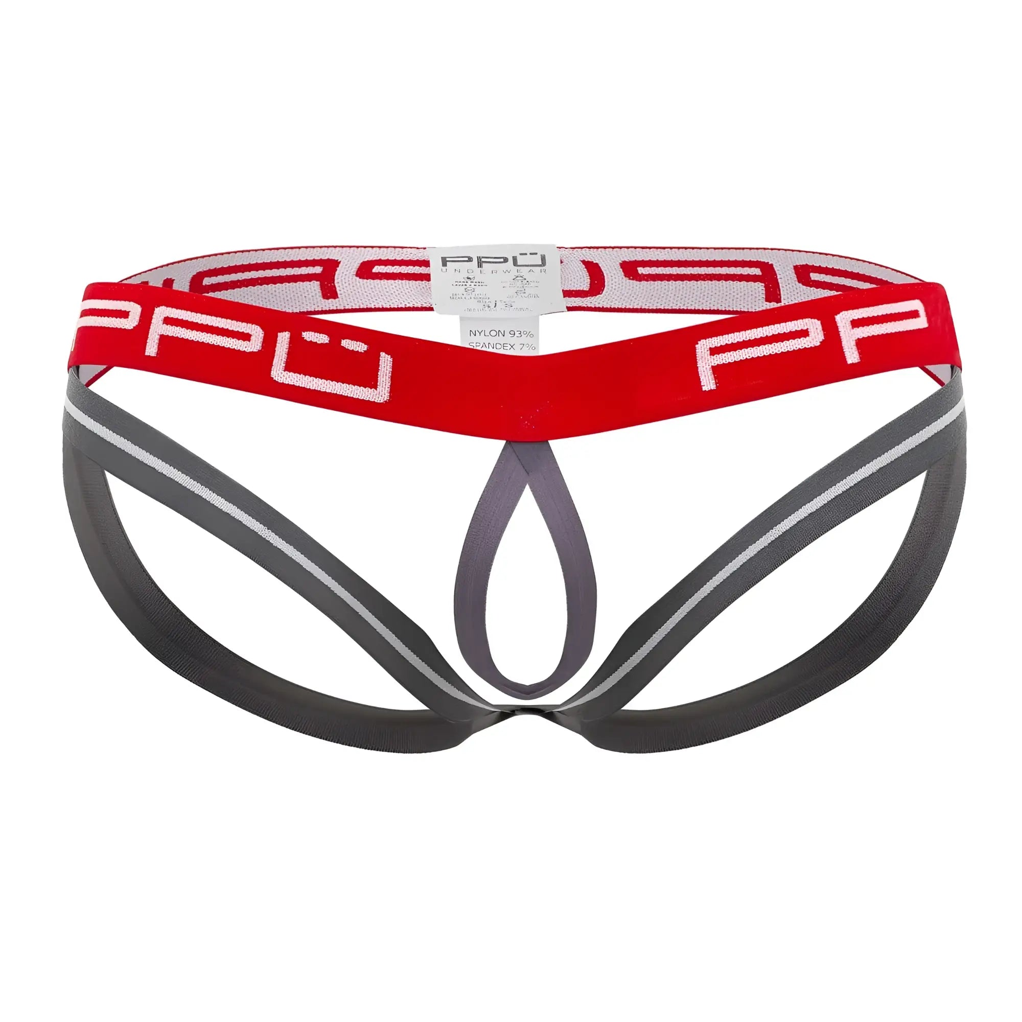 Ppu 2304 ball lifter jockstrap in red and gray briefs with bold red waistband and white ppu lettering