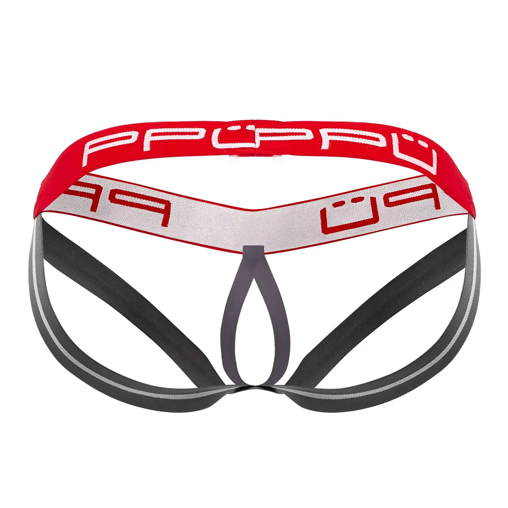 Red and gray ppu 2304 ball lifter jockstrap with bold stylized logo on waistband designed for support and comfort