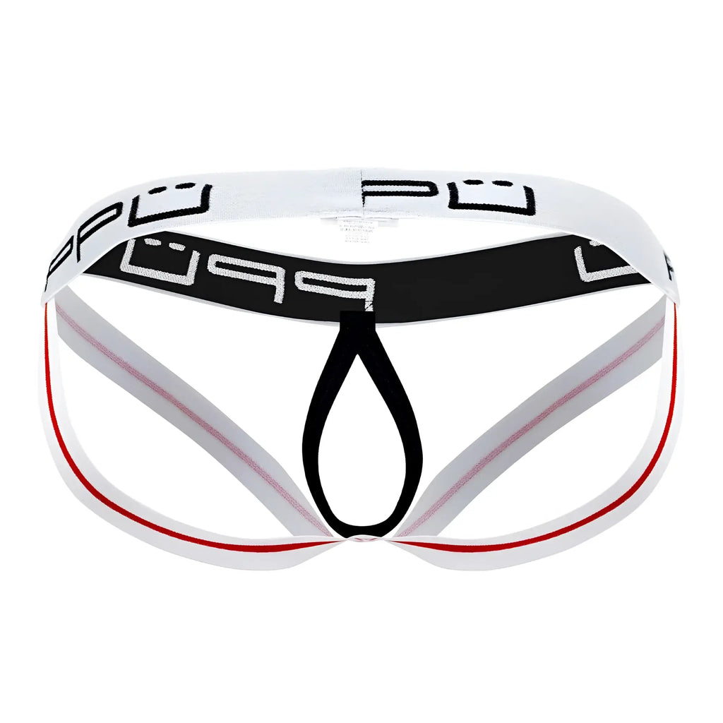 White and black athletic-style ball lifter jockstrap with red trim and bold pup logo on the waistband