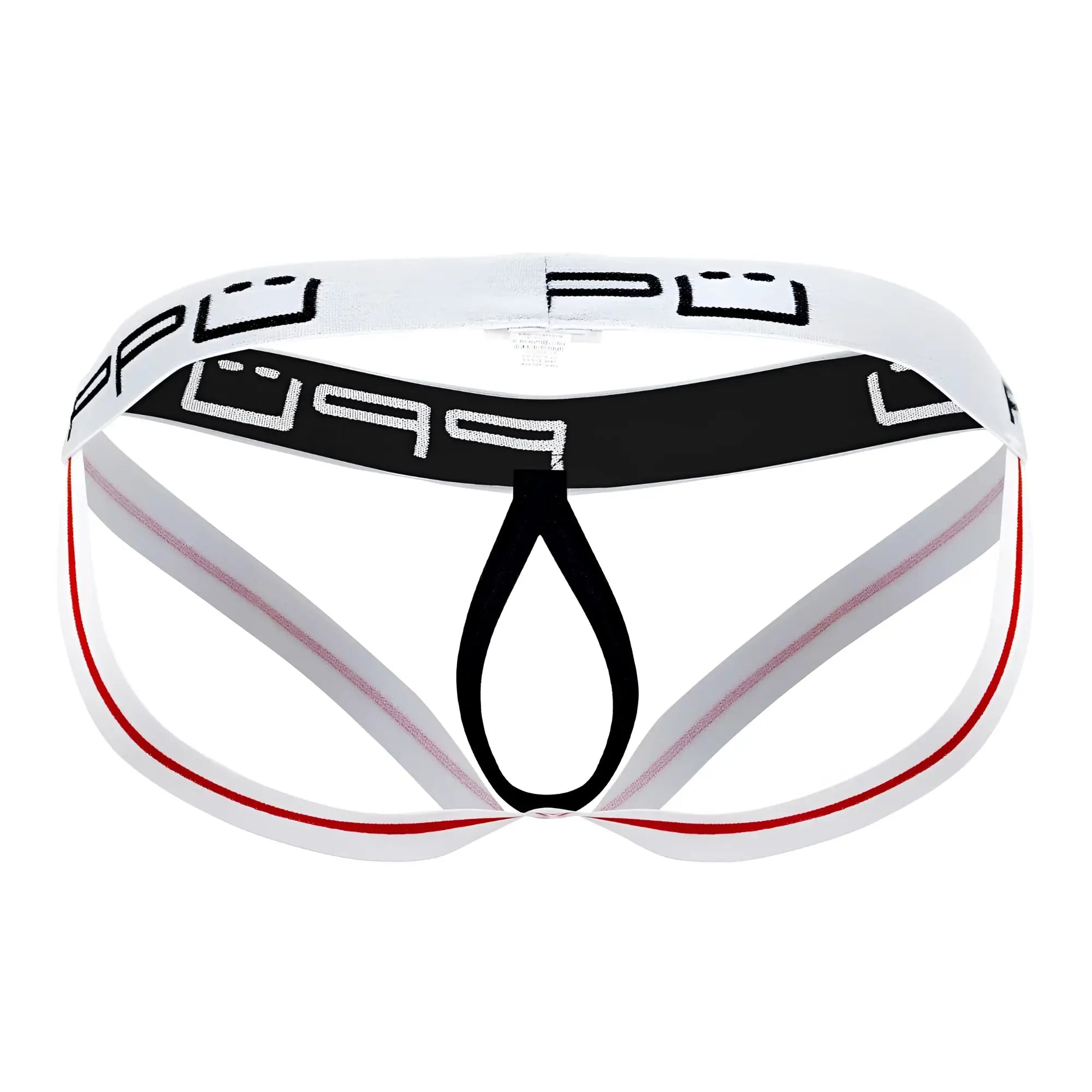 White and black athletic-style ball lifter jockstrap with red trim and bold pup logo on the waistband