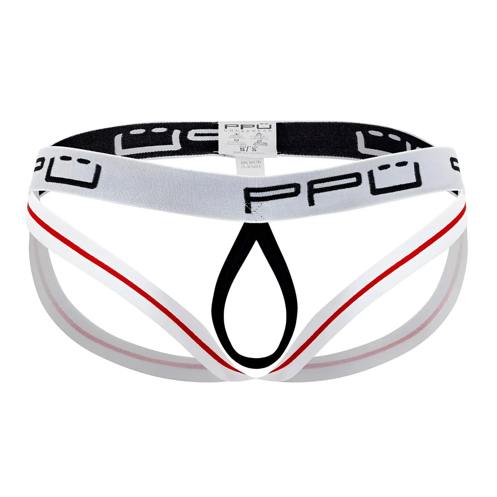 White and black ppu 2304 ball lifter jockstrap with red trim designed for support and comfort