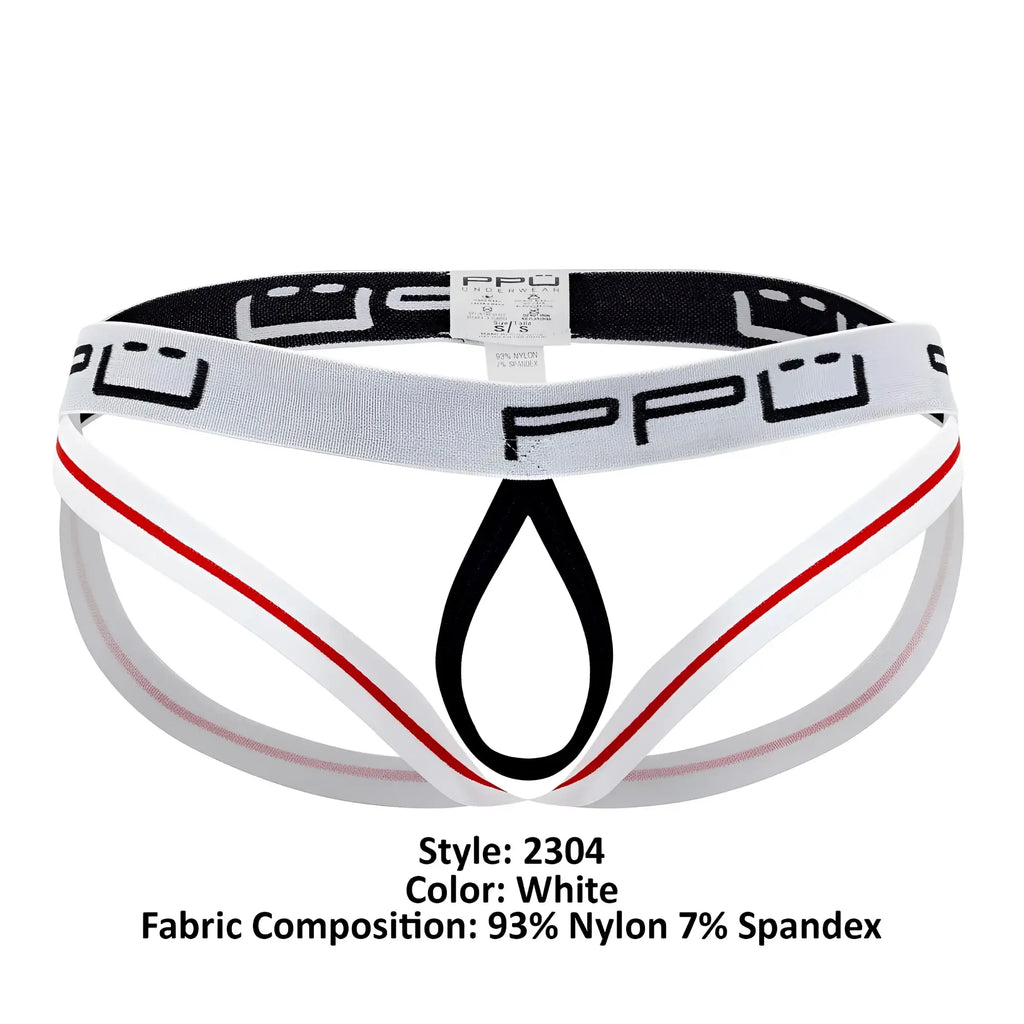 White ppu 2304 ball lifter jockstrap with teardrop cutout black and red trim men’s briefs in white color
