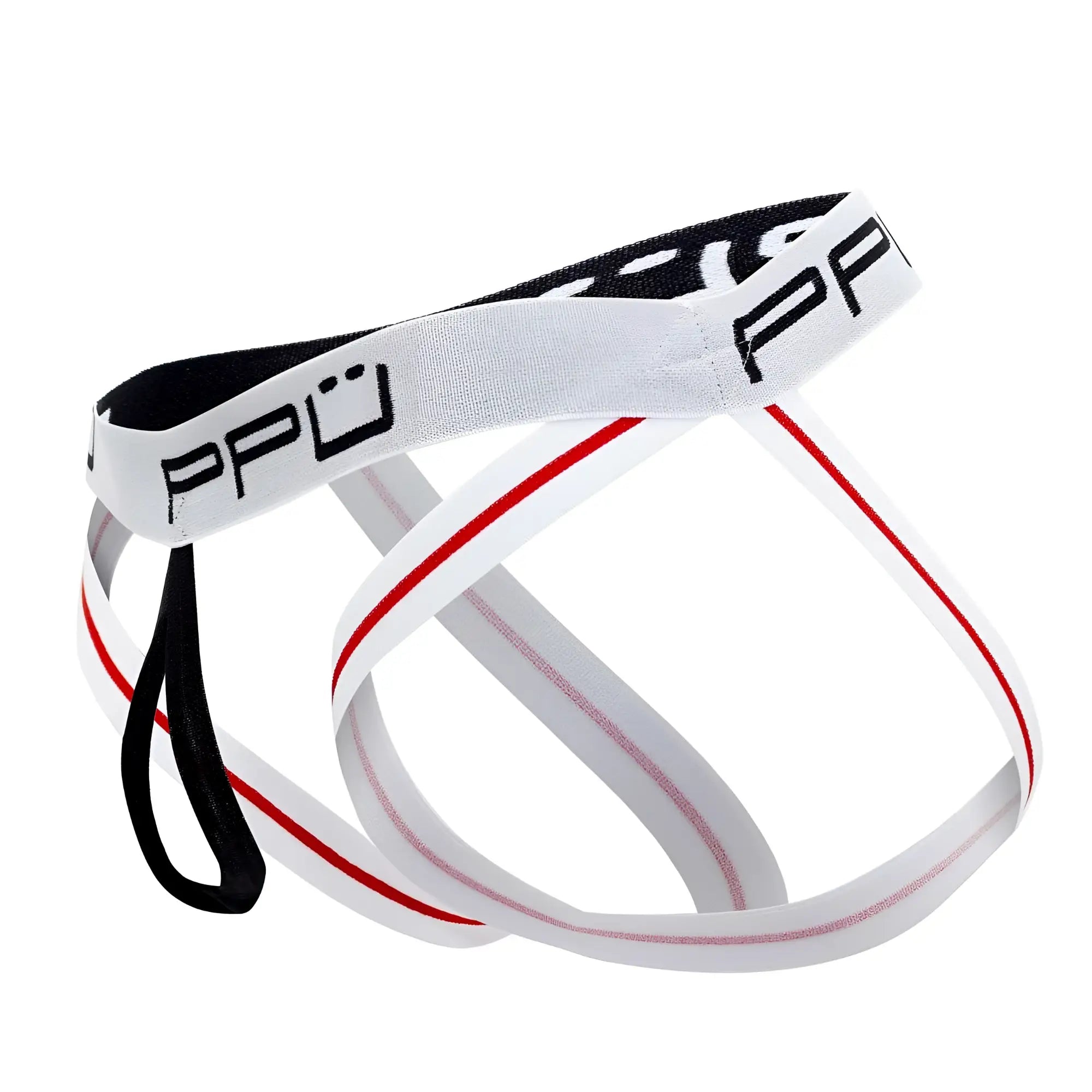 White and red striped ppu 2304 ball lifter jockstrap with black elastic waistband featuring ppu branding