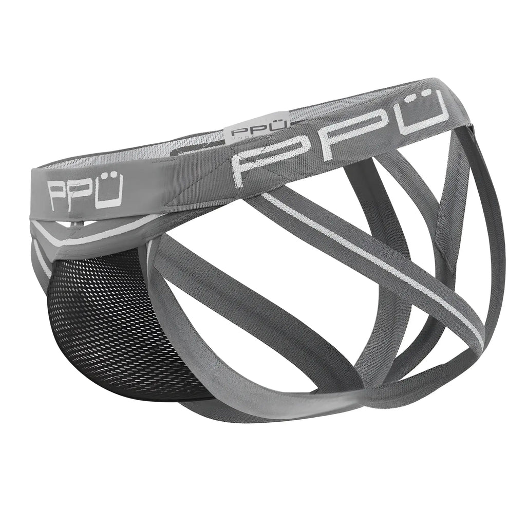 Gray and black mesh athletic briefs with a supportive crisscross design ppu 2305 mesh jockstrap color gray