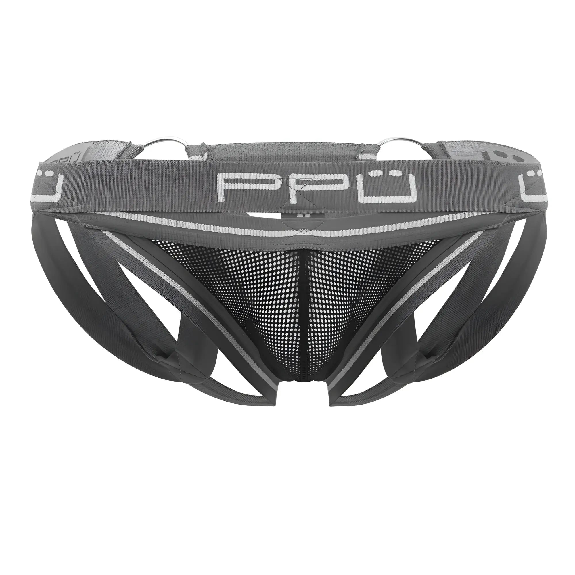 Gray ppu 2305 mesh jockstrap with supportive structured design and silver trim accents for men