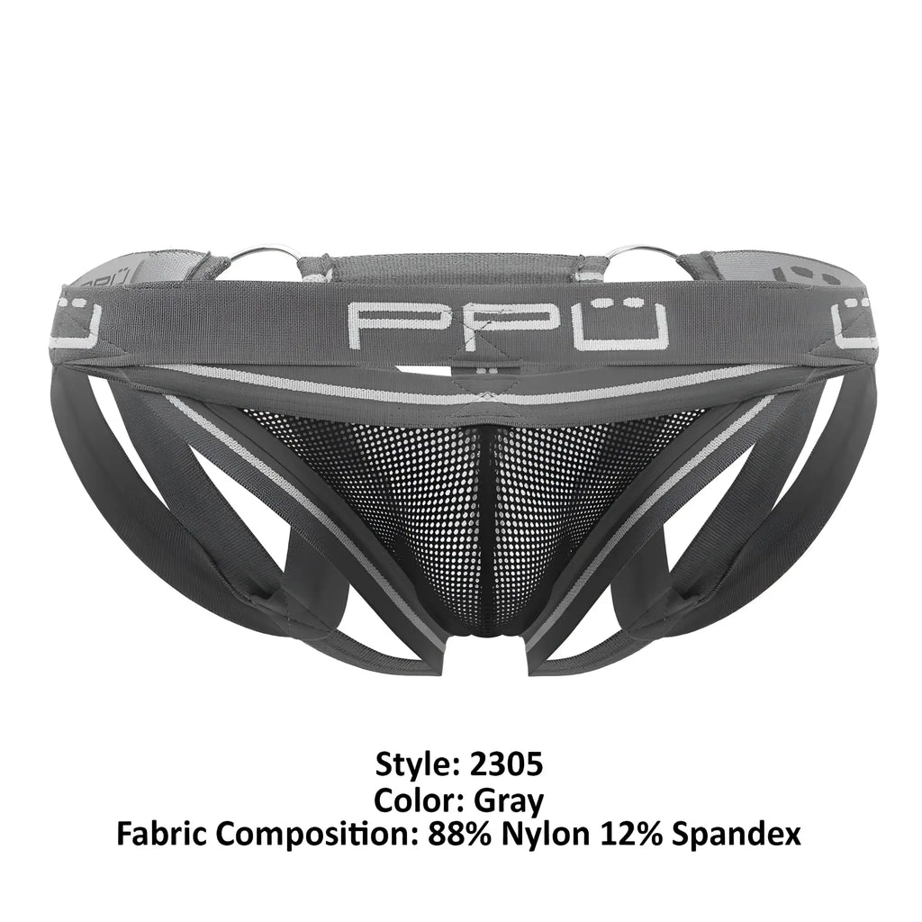 Gray ppu brand men’s athletic briefs with mesh front and elastic waistband in gray color for active wear