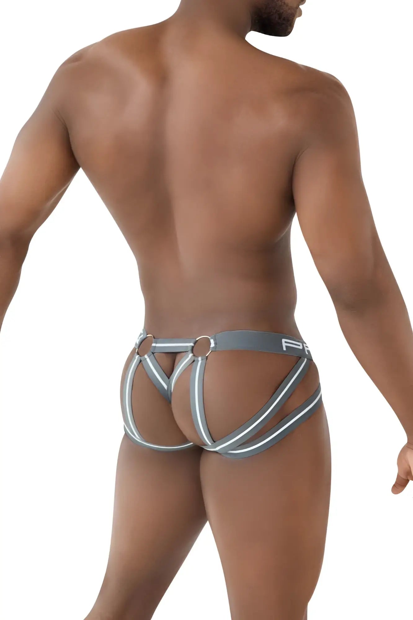 Gray and white strappy men’s briefs with a harness style design in breathable mesh ppu 2305 jockstrap color gray