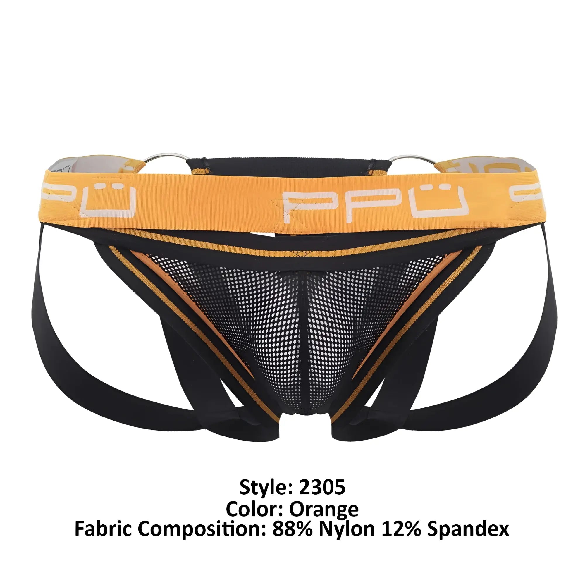 Ppu 2305 orange mesh athletic brief with black straps and yellow waistband featuring ppu logo front view
