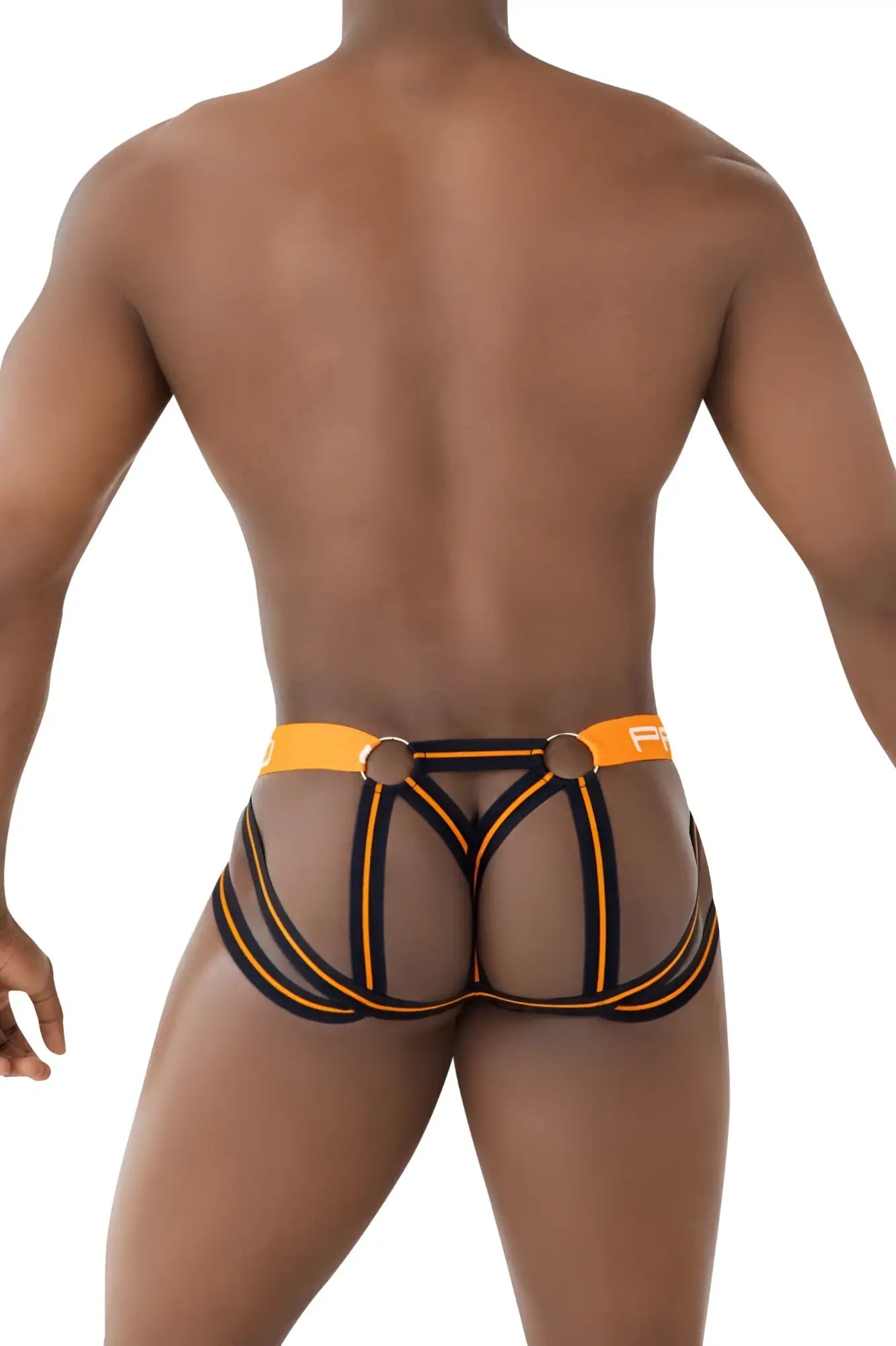 Ppu 2305 mesh jockstrap in orange with black mesh and bold strappy design front view