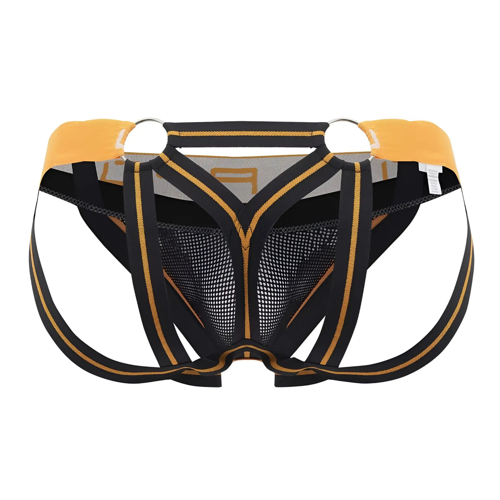 Ppu 2305 mesh jockstrap in orange with black and gold mesh briefs and reinforced straps front view