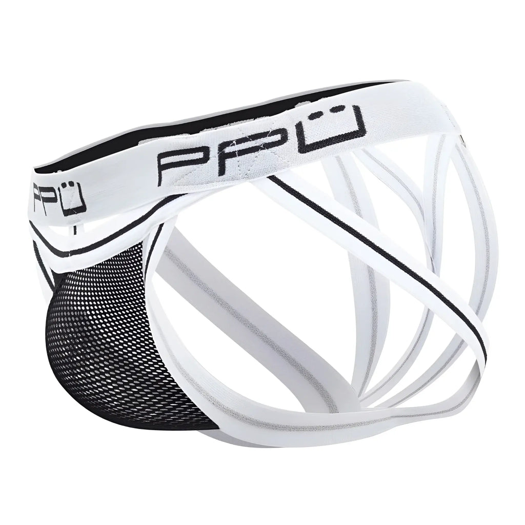 White and black mesh athletic briefs with a sleek design featuring the ppu logo on the waistband in front view