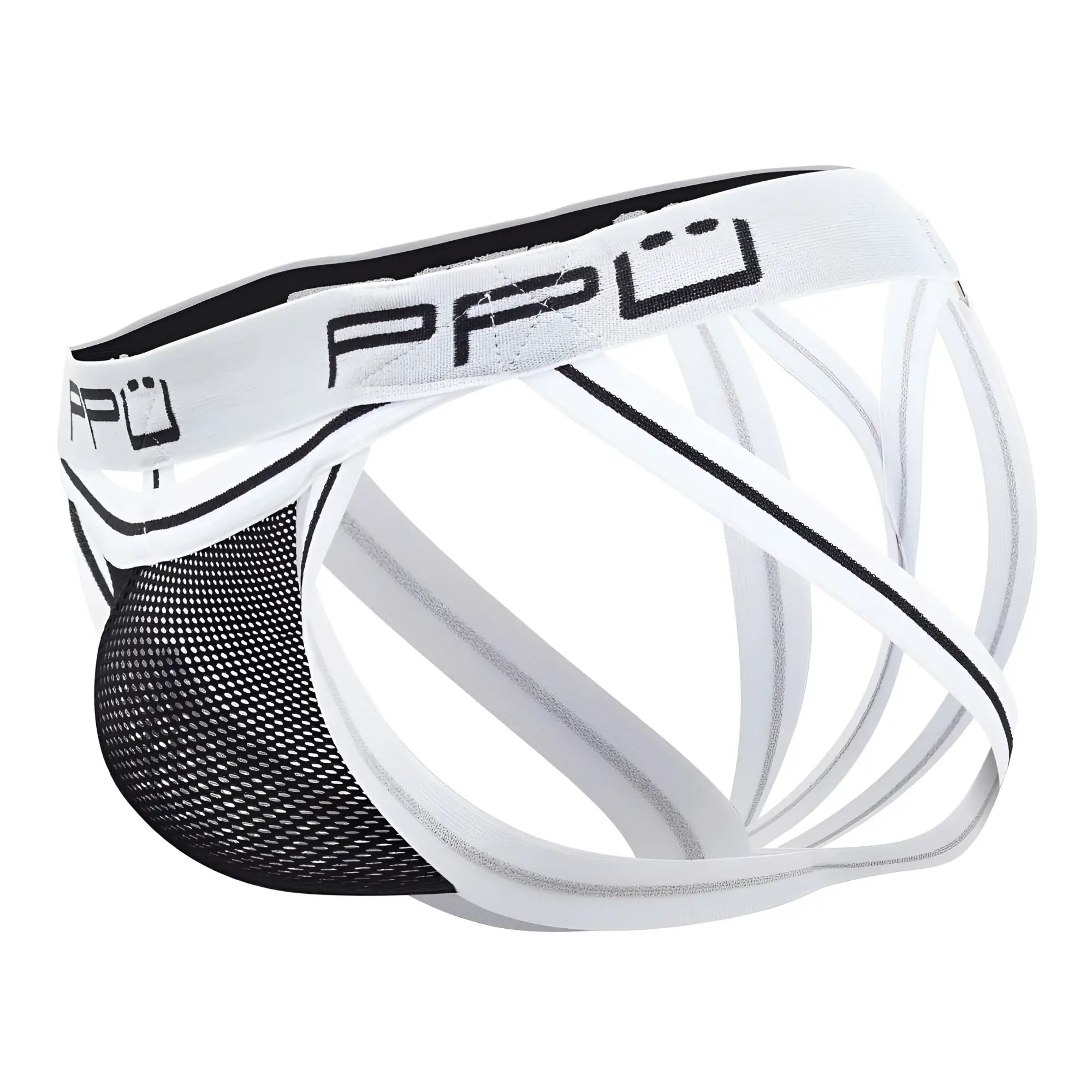 White and black mesh athletic briefs with a sleek design featuring the ppu logo on the waistband in front view