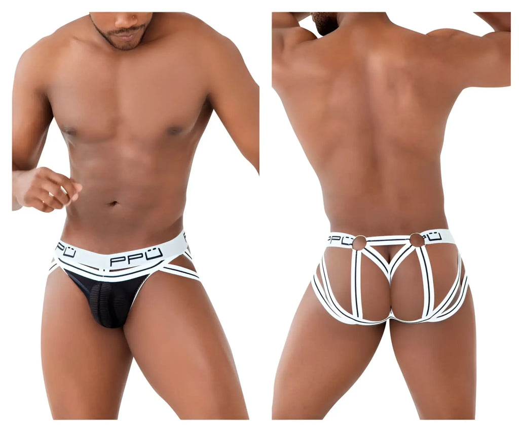 Ppu 2305 mesh jockstrap in white featuring black and white stripes and a branded waistband with a mesh front panel