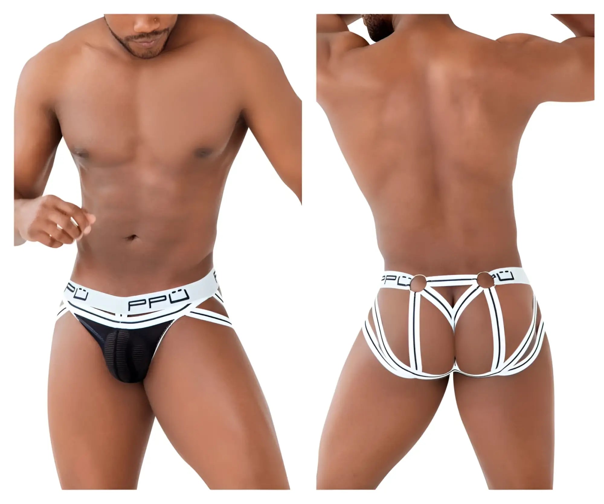 Ppu 2305 mesh jockstrap in white featuring black and white stripes and a branded waistband with a mesh front panel