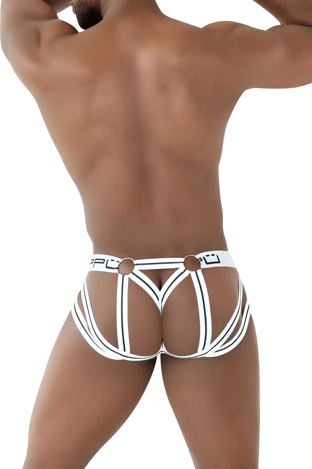 Back view of ppu 2305 mesh jockstrap in white with black stripes and a central back panel design for men