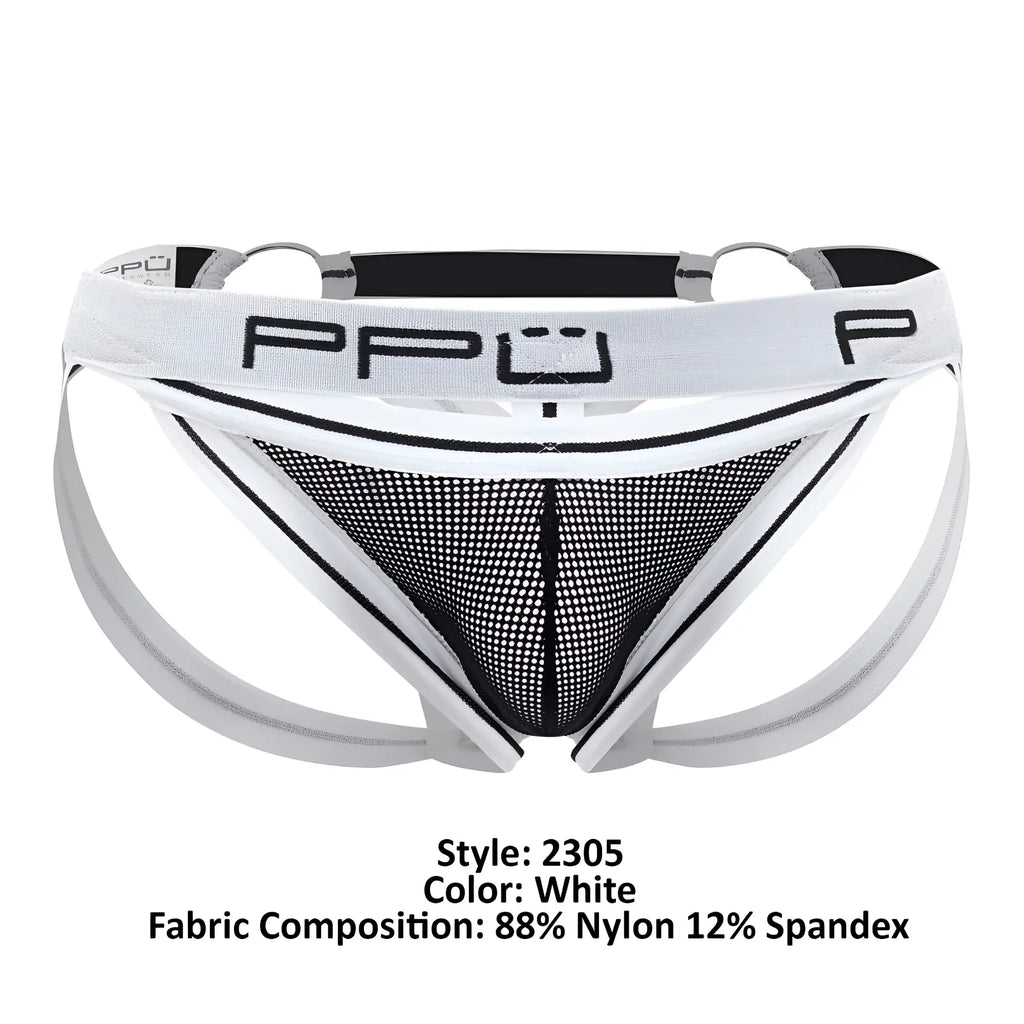 White PPU 2305 mesh jockstrap men’s briefs with black mesh panel and white elastic waistband front view