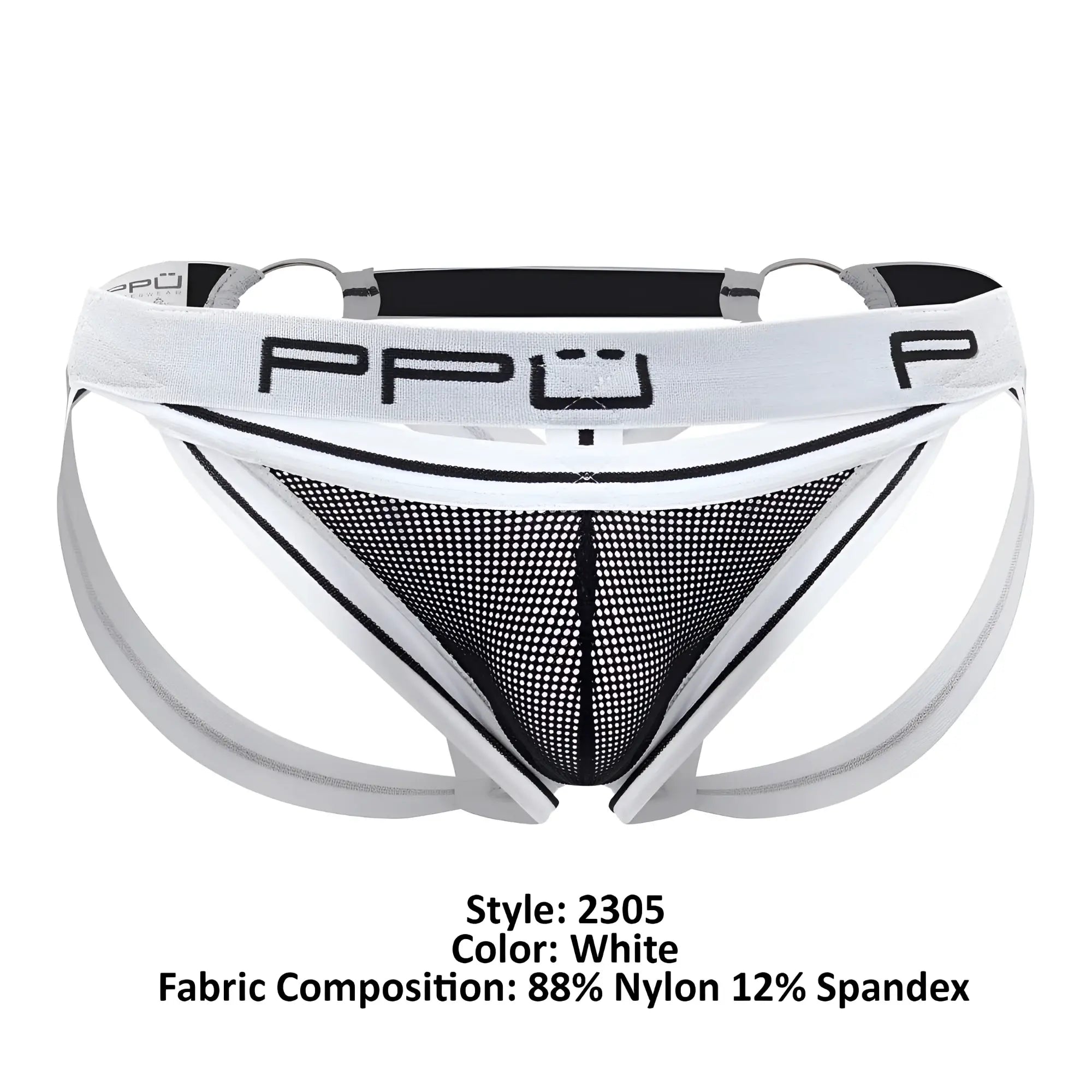 White PPU 2305 mesh jockstrap men’s briefs with black mesh panel and white elastic waistband front view