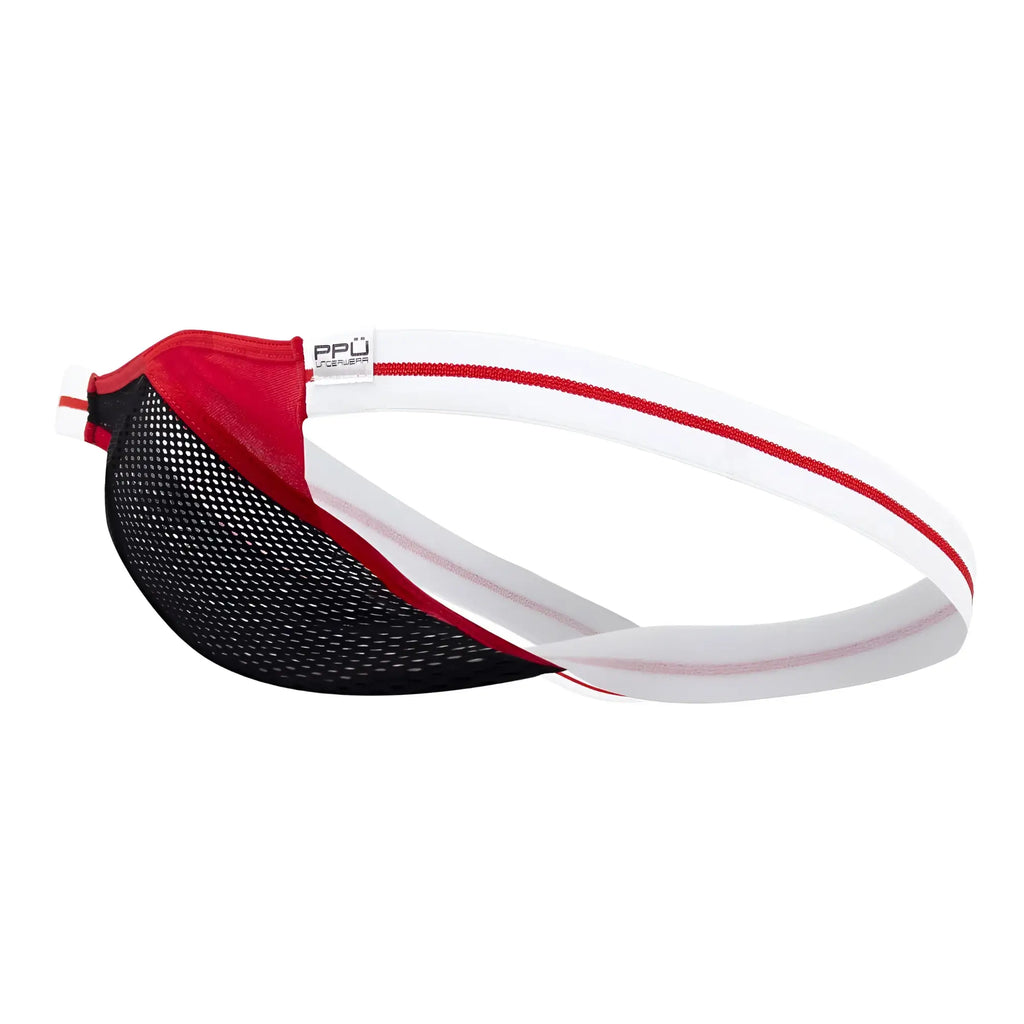 Red and black mesh athletic headband with white elastic and red trim for ppu 2306 thong or jockstrap color red