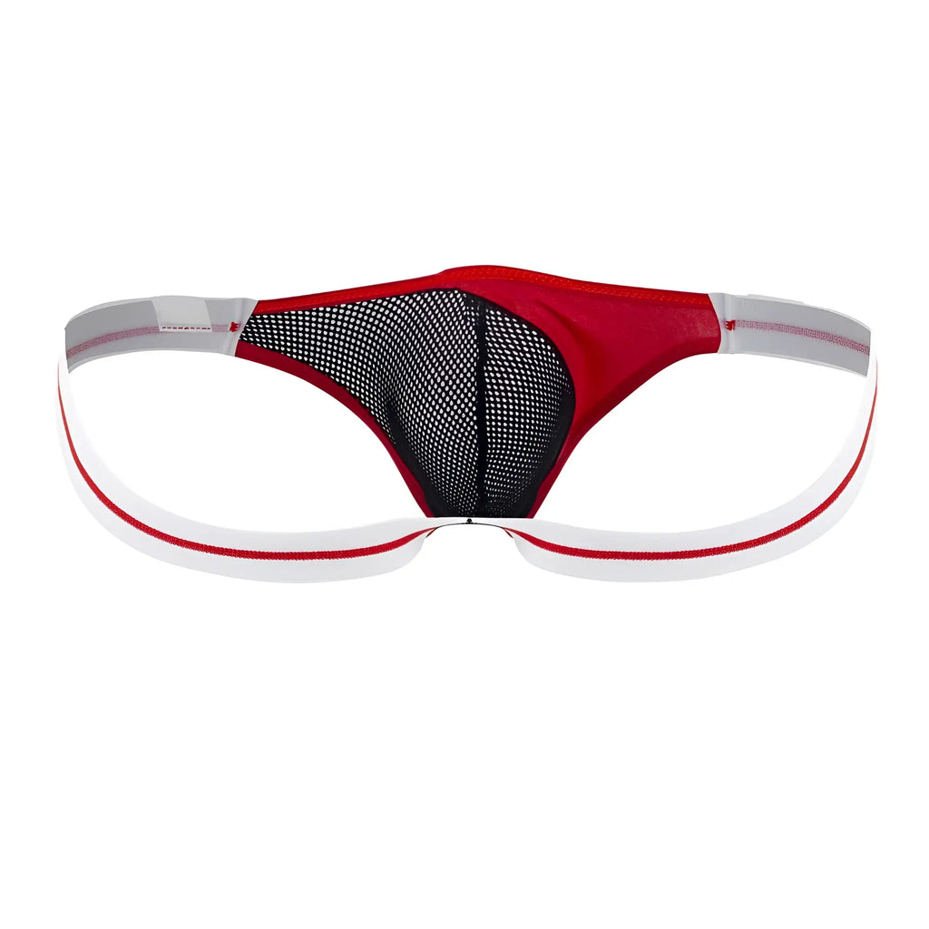 Red and black mesh thong with white elastic waistband ppu 2306 thong or jockstrap color red front view