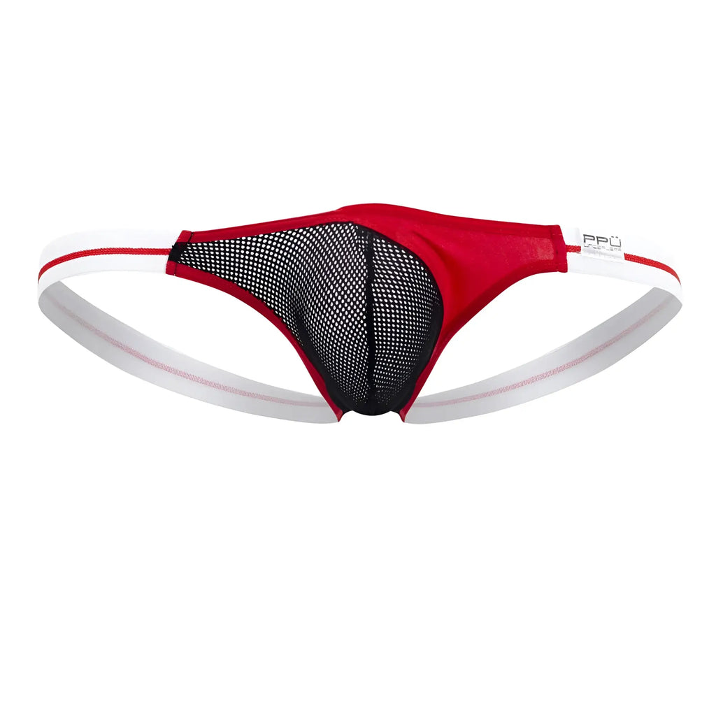 Red and black mesh thong with white elastic waistband and branded label on the side ppu 2306 thong color red