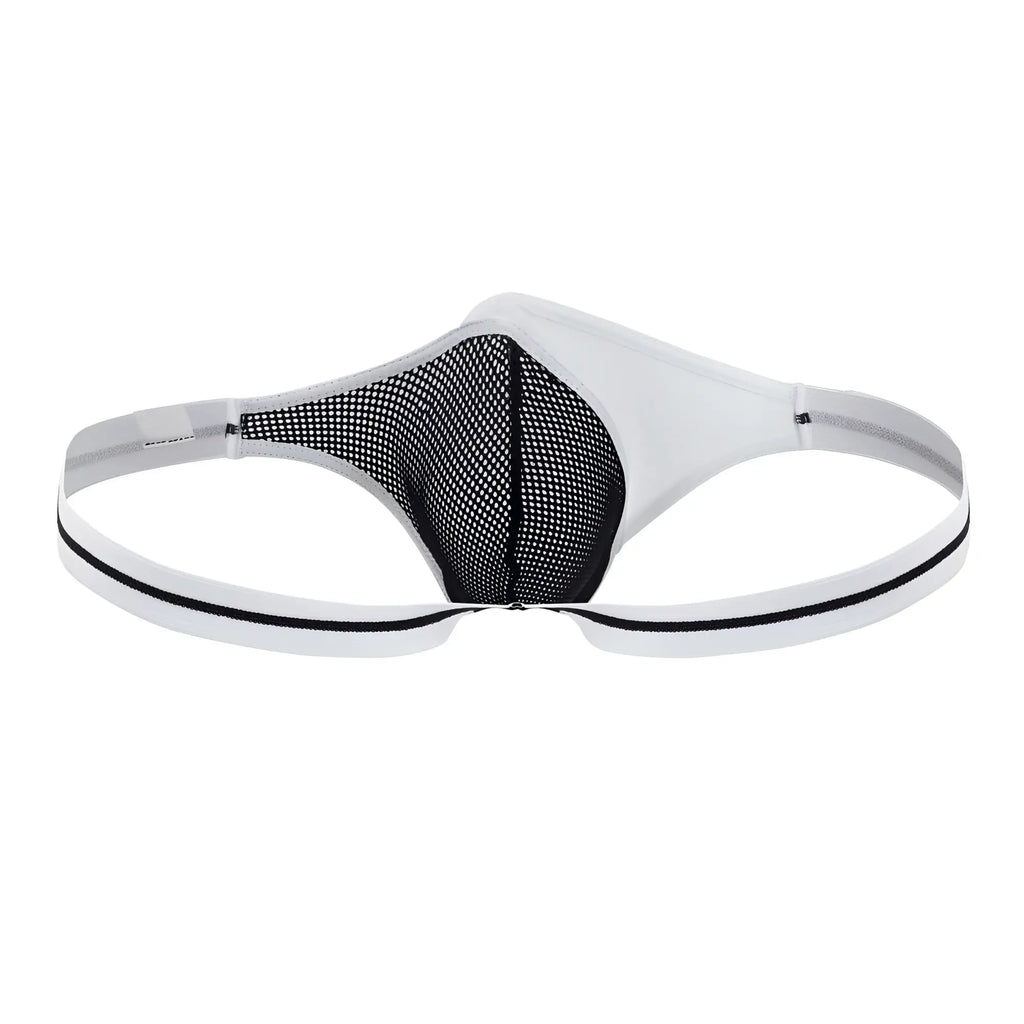 Ppu 2306 thong in white features white and black mesh with an elastic waistband shown from the back side