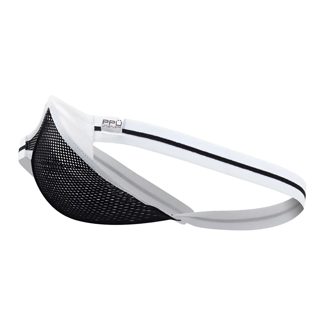 Ppü 2306 thong in white black mesh brief with white elastic waistband and gray inner lining featuring ppü tag