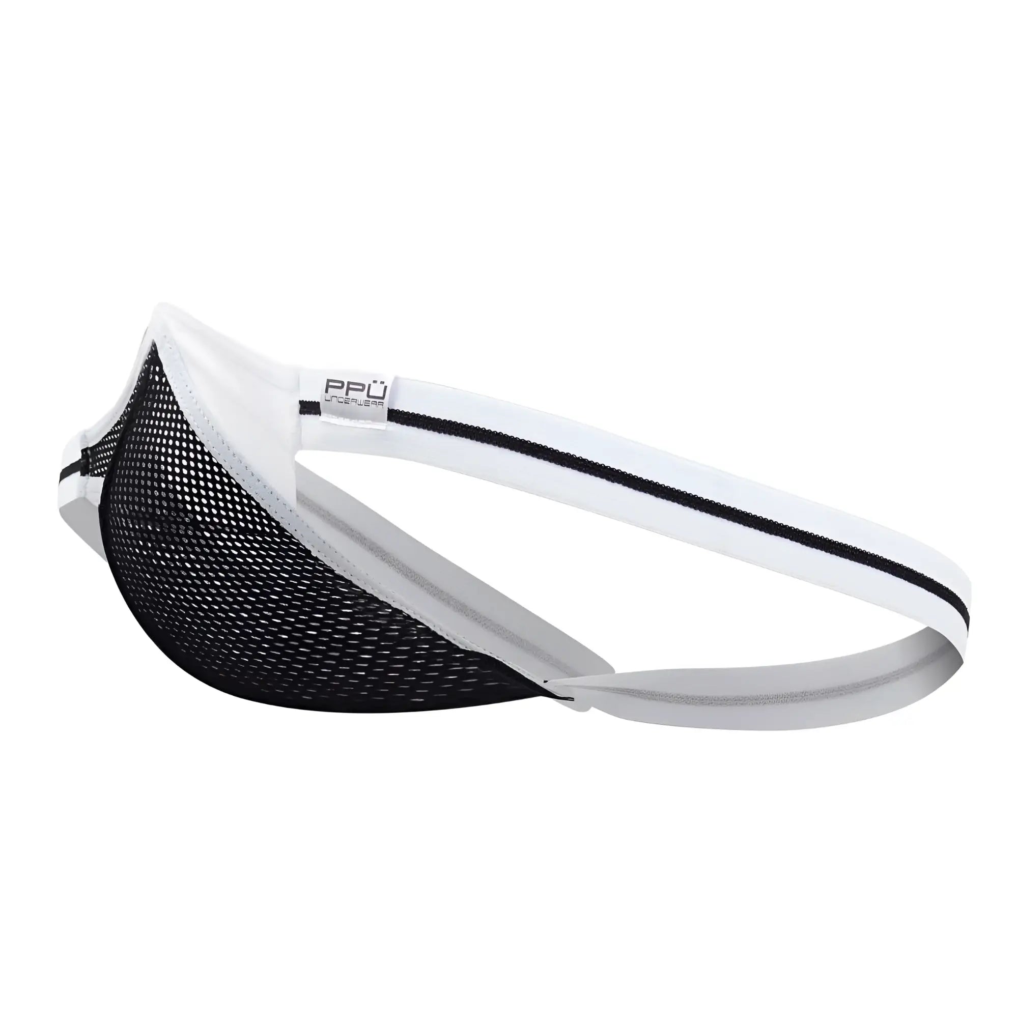 Ppü 2306 thong in white black mesh brief with white elastic waistband and gray inner lining featuring ppü tag