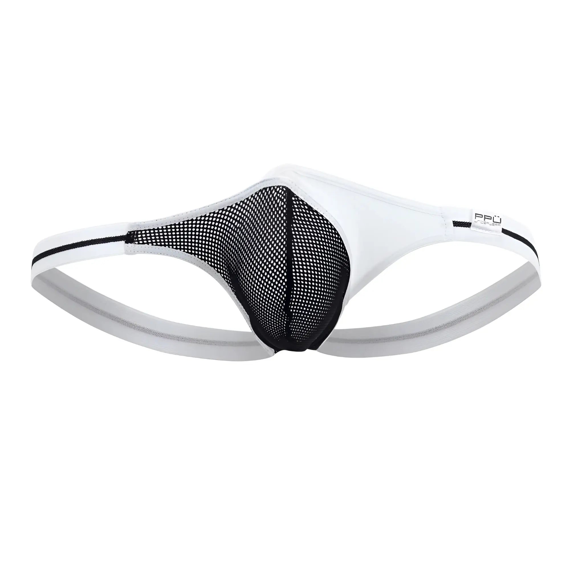 Ppu 2306 thong in white featuring a sleek modern design with white and black mesh material