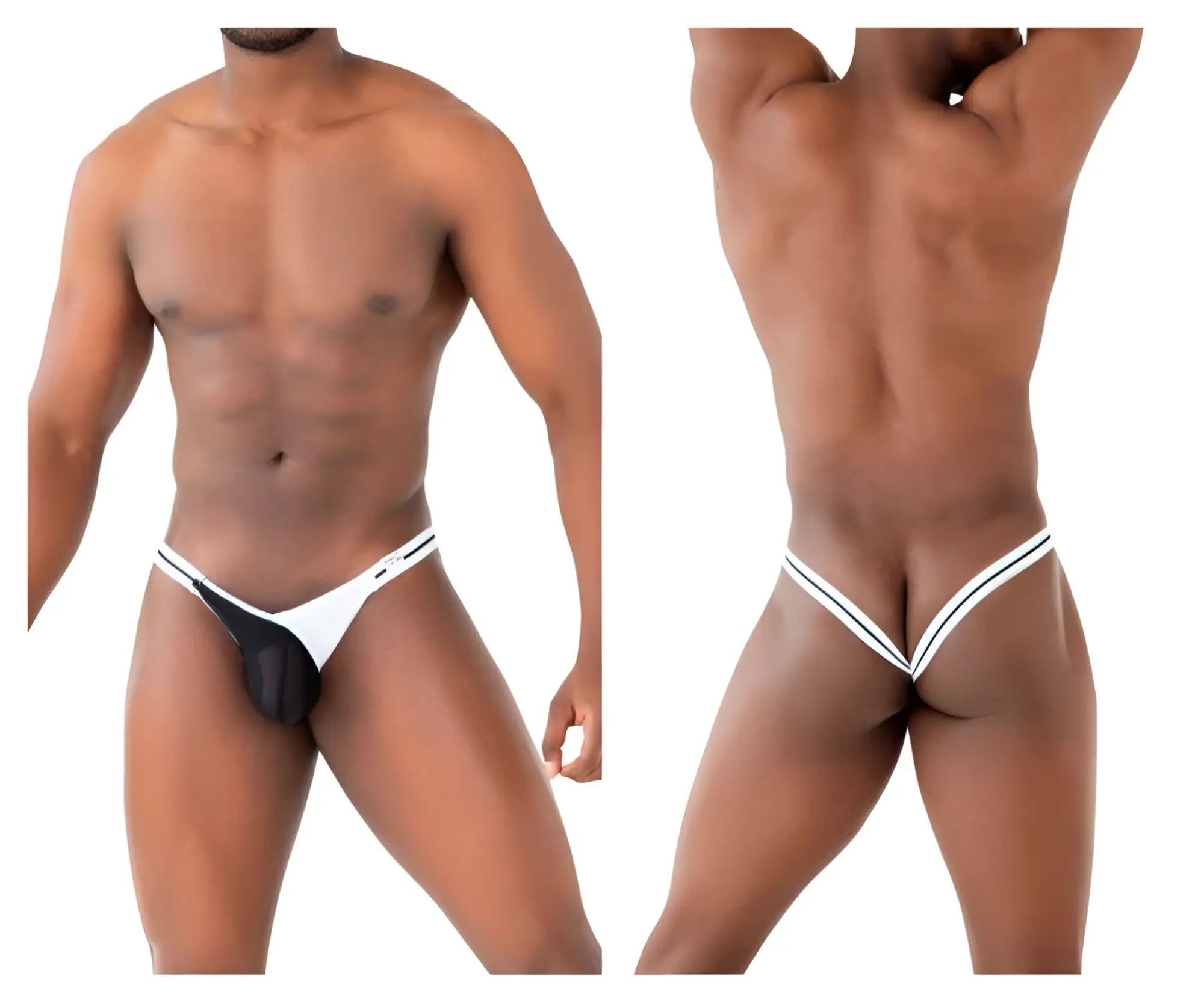 White and black mesh thong with thin white trim ppu 2306 thong or jockstrap color white front side view