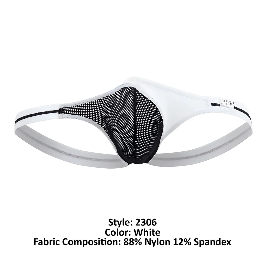 White ppu 2306 thong with black mesh panel gray trim and ppu brand logo in front view