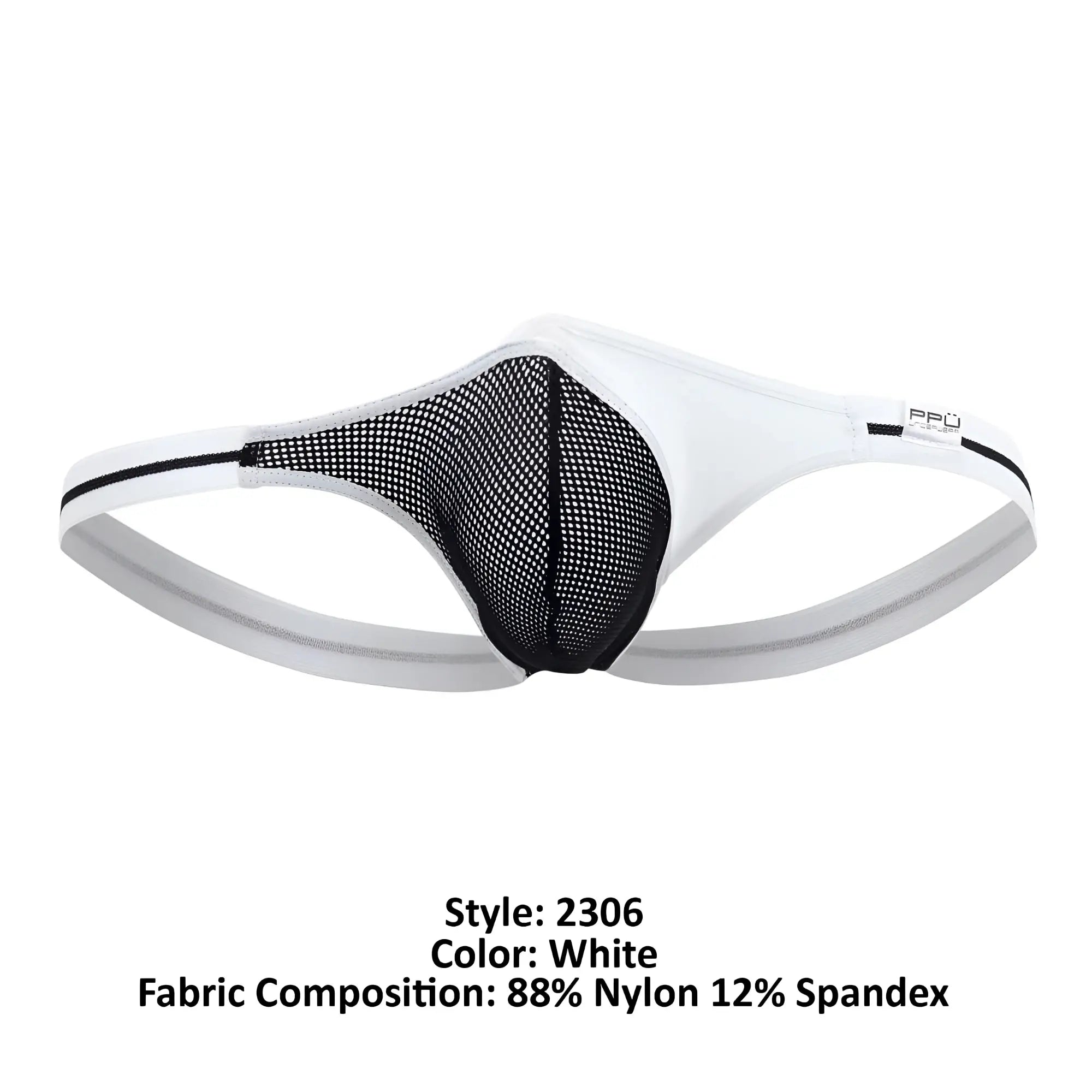 White ppu 2306 thong with black mesh panel gray trim and ppu brand logo in front view
