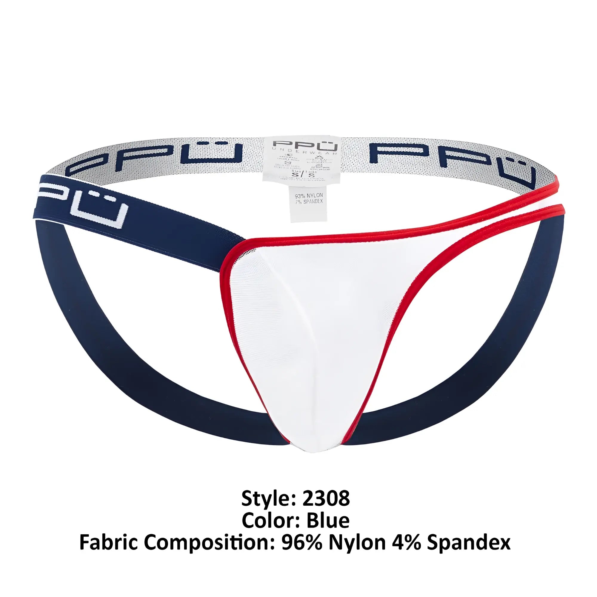 Ppu 2308 one side mesh jockstrap in blue with white athletic briefs and red trim featuring branded elastic waistband
