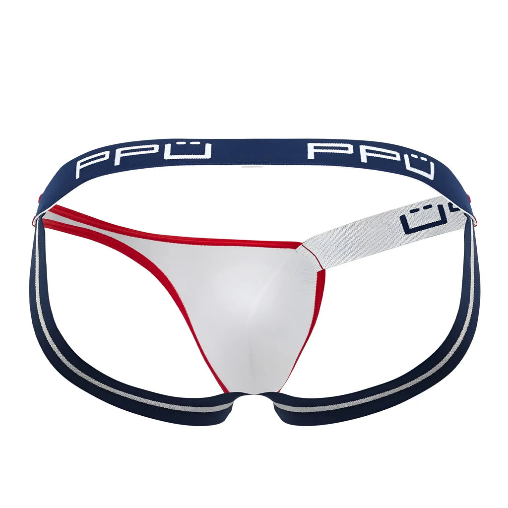 Ppu 2308 one side mesh jockstrap in white red and navy blue with textured waistband front view