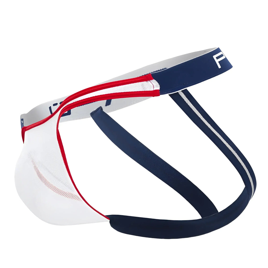Men’s athletic briefs ppu 2308 with white red and navy blue colors mesh panels and striped elastic bands in blue