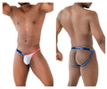 Pp 2308 one side mesh jockstrap in blue featuring white and red thong with blue elastic waistband and ppu branding