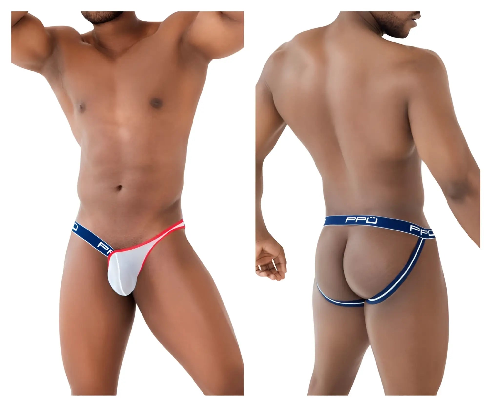Pp 2308 one side mesh jockstrap in blue featuring white and red thong with blue elastic waistband and ppu branding