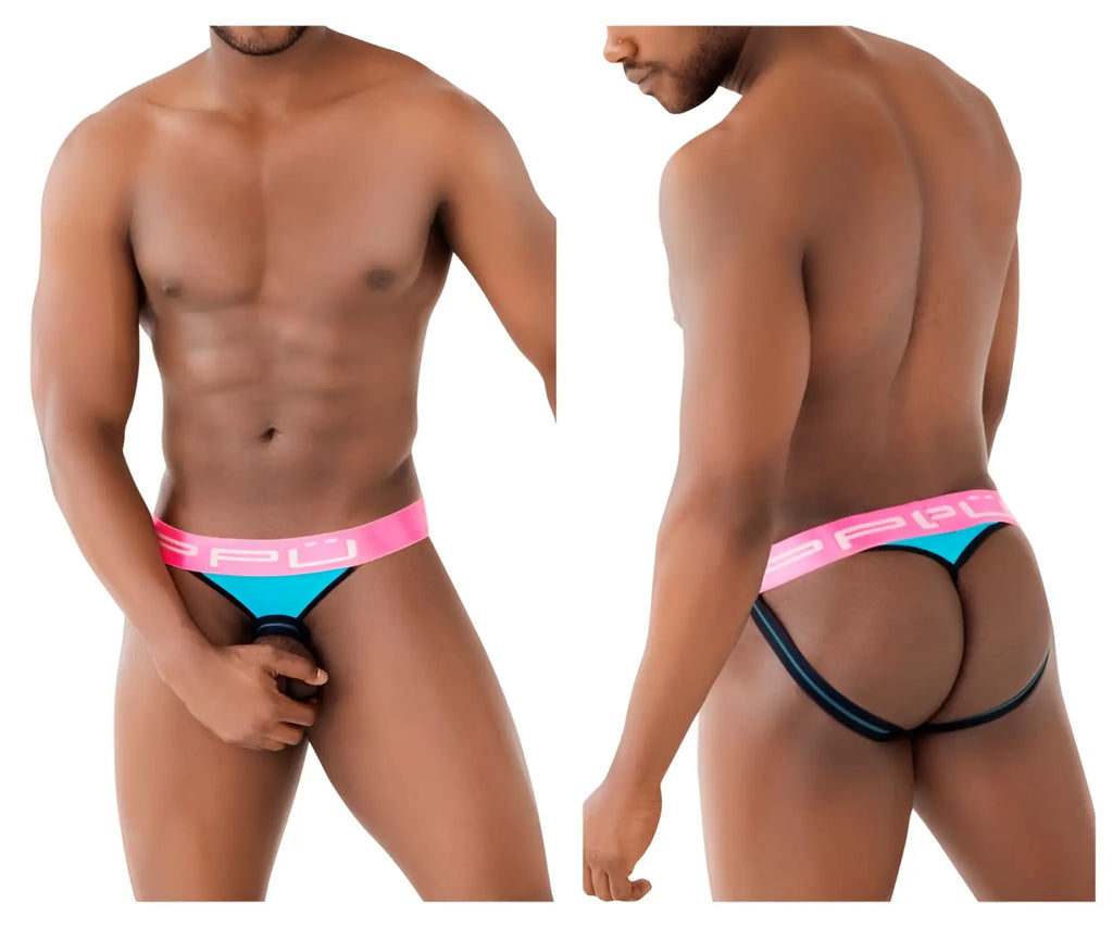 Bright pink and turquoise blue ball lifter and thong jockstrap with black trim and bold spu logo waistband