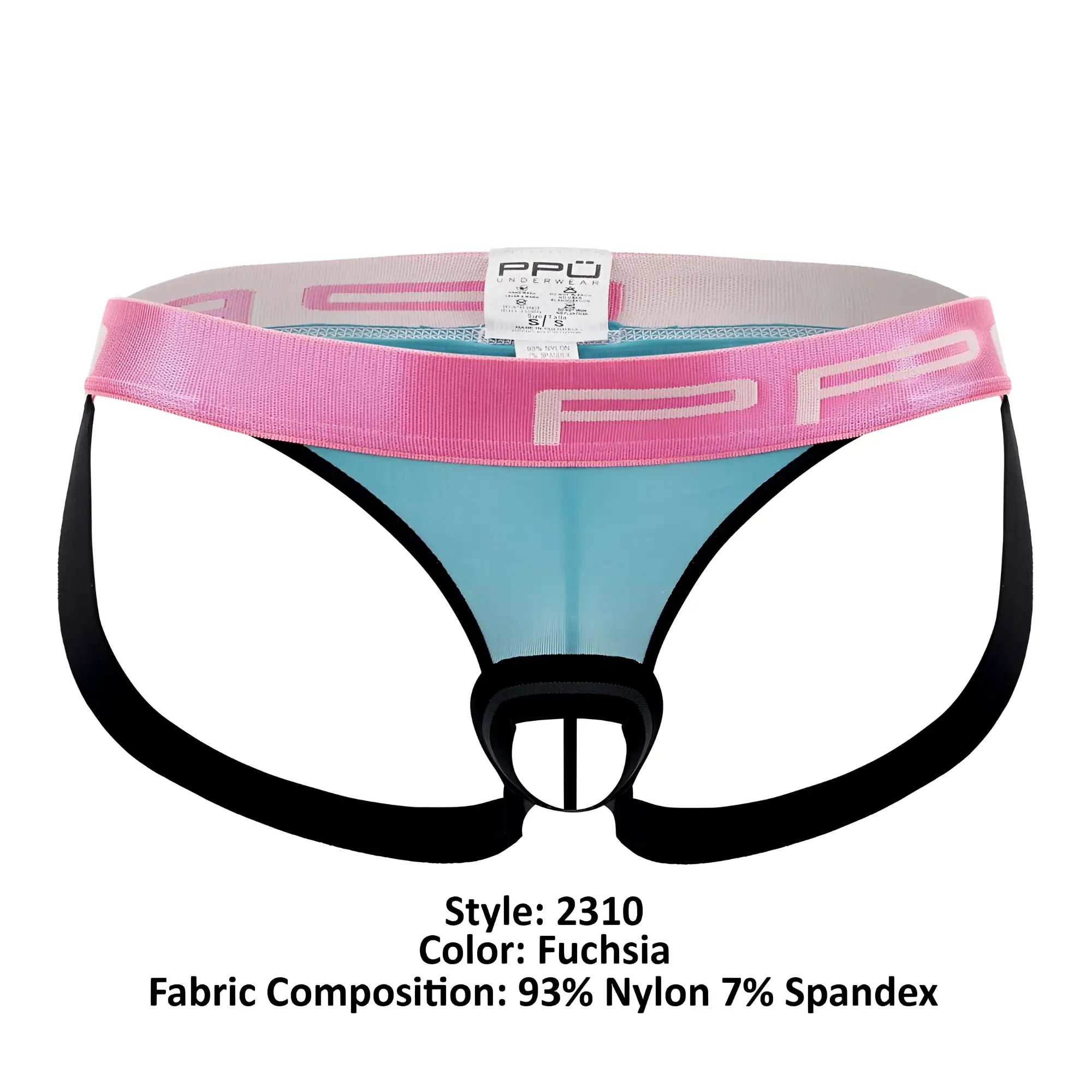 Fuchsia pp 2310 ball lifter and thong jockstrap with pink waistband white branding and black side straps