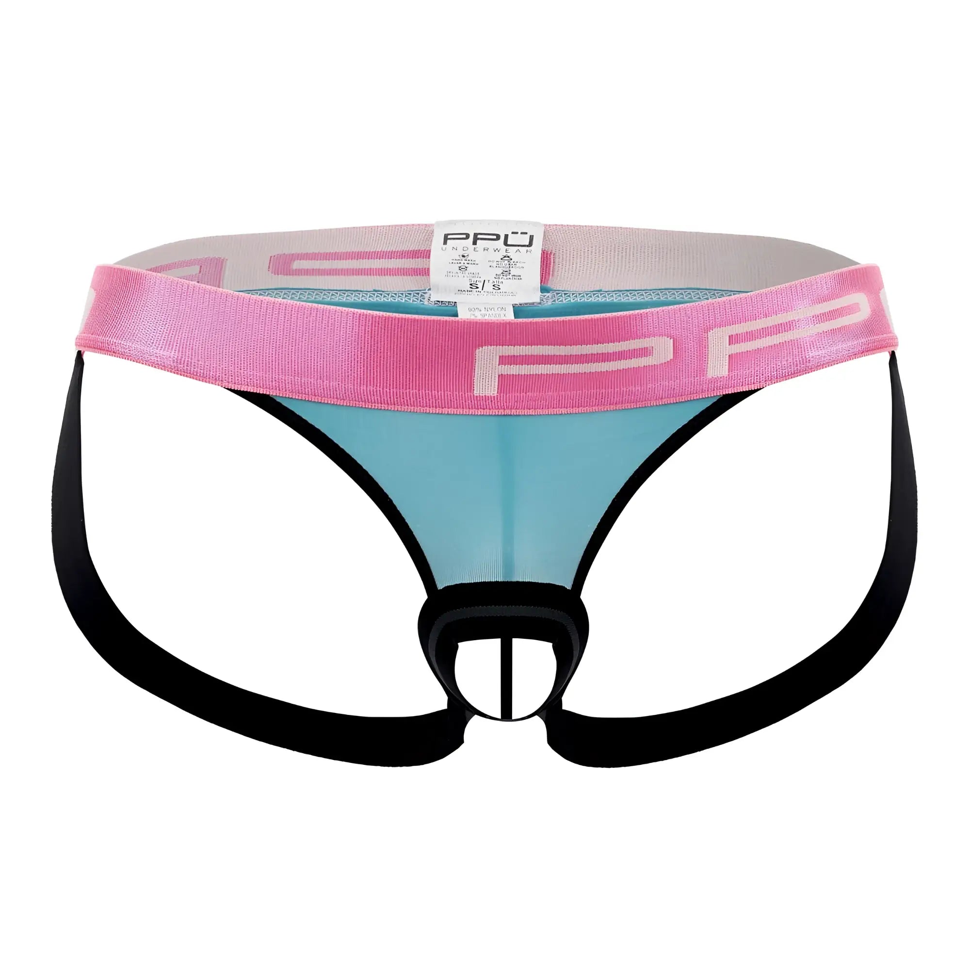 Pink and light blue ppu 2310 ball lifter and thong jockstrap with black straps and branded waistband shown from the back
