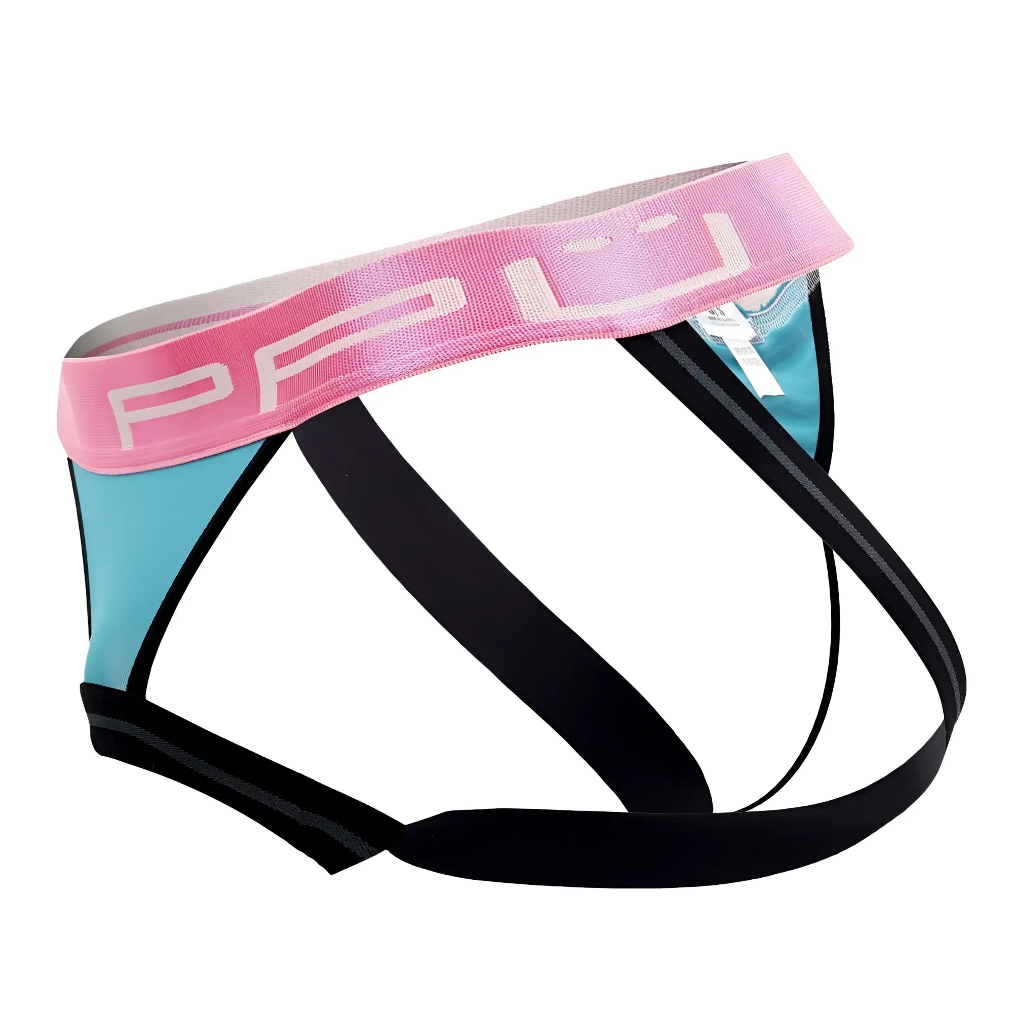 Pink and teal athletic ball lifter and thong jockstrap with black straps and branded waistband in fuchsia color